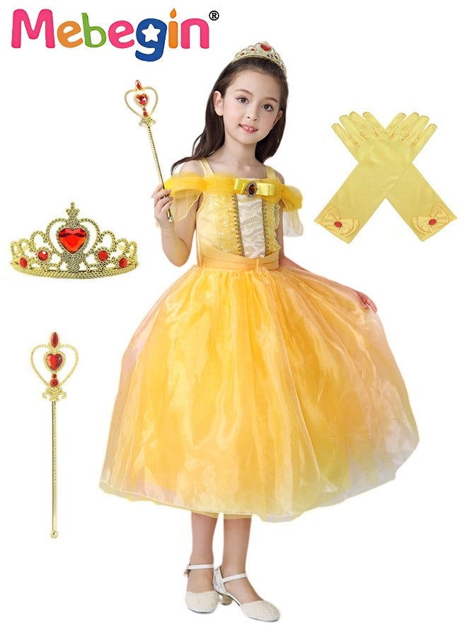 MEBEGIN Princess Belle Dress Set with Crown, Gloves and Magic Wand, Elegant Princess Dress Up Costume for Girls, Belle Princess Tutu, Made of Breathable Soft Polyester, Great for Fancy Dress Parties, Birthdays, Prom Outfits and Cosplay Activities - Image 1